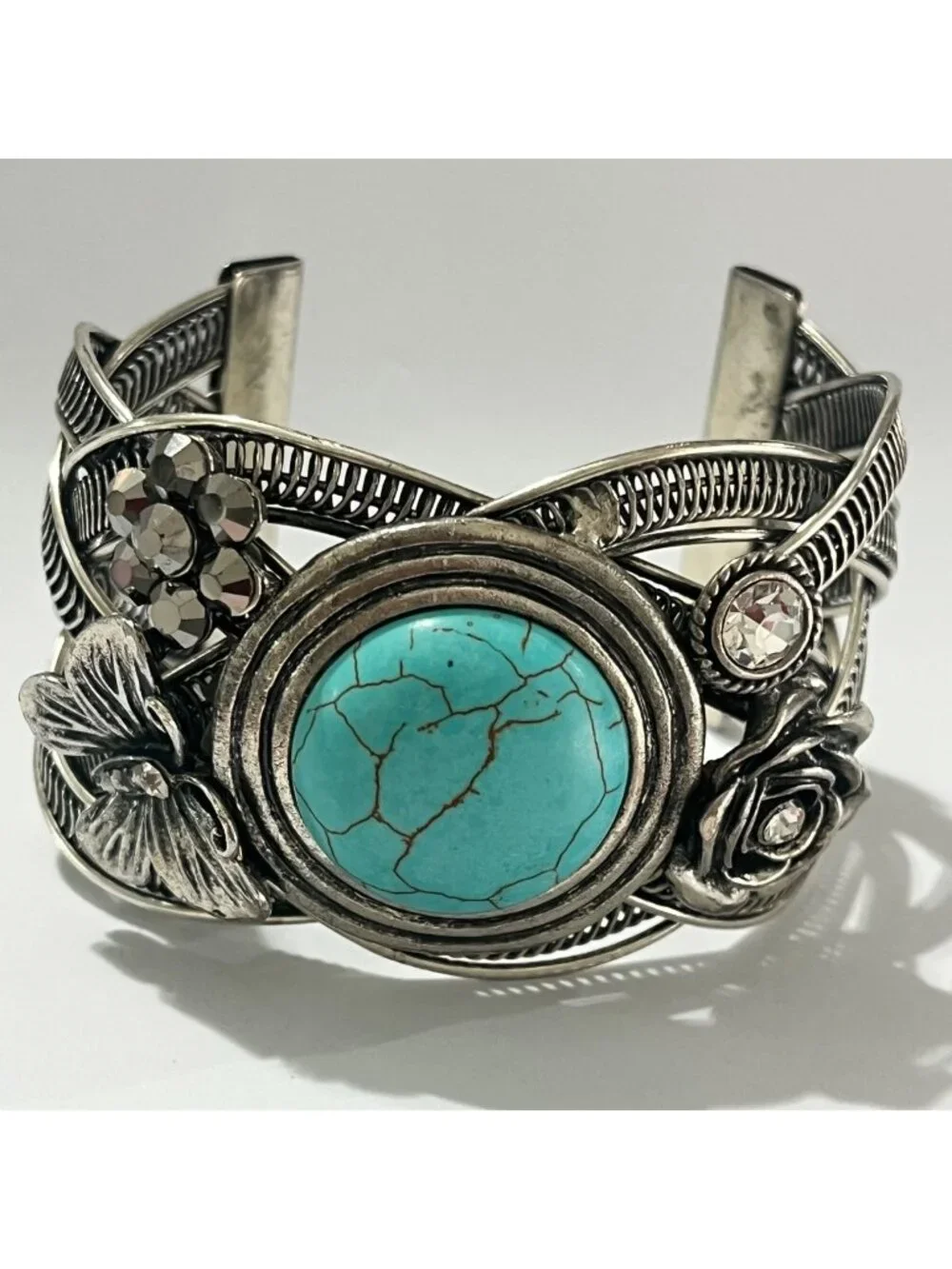 Vintage Silver Tone Cuff Bracelet With Turquoise Stone Floral & Butterfly - Picture 1 of 10